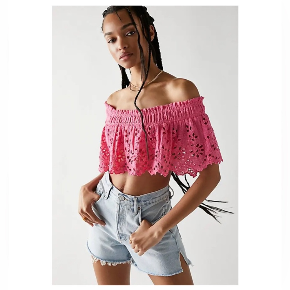 NWOT FP One Perla Eyelet Lace Off-shoulder Hot Pink Crop Top